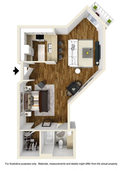 Floor plan for studio, 1 bath, 535 sqft
