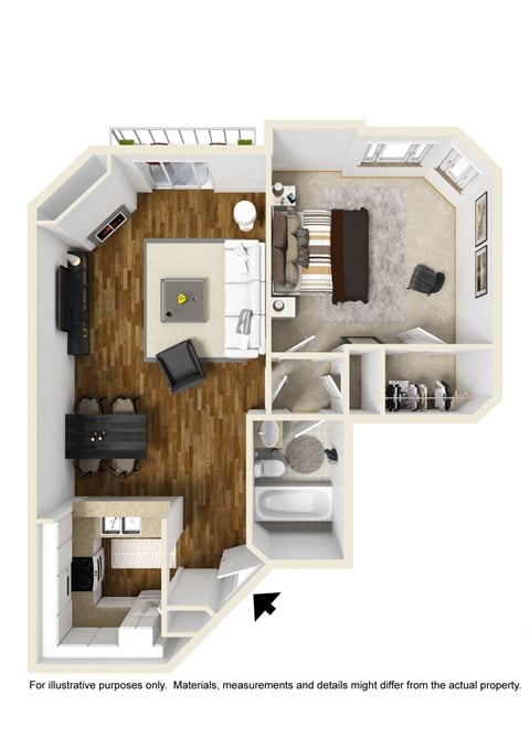 Floor plan for 1 bed, 1 bath, 836 sqft