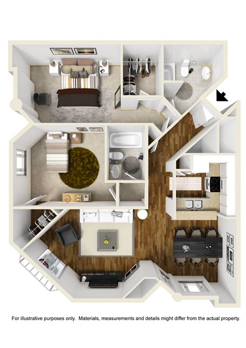 Floor plan for 2 beds, 2 baths, 1190 sqft