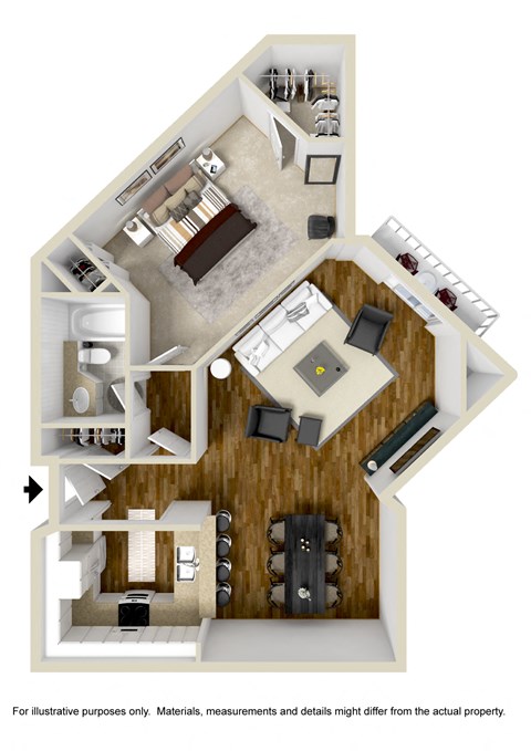 Floor plan for 1 bed, 1 bath, 908 sqft