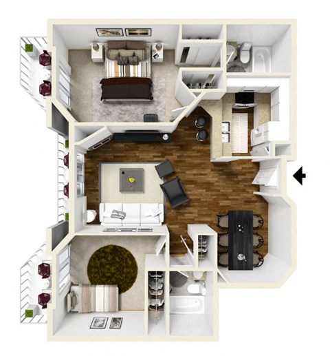 Floor plan for 2 beds, 2 baths, 1170 sqft