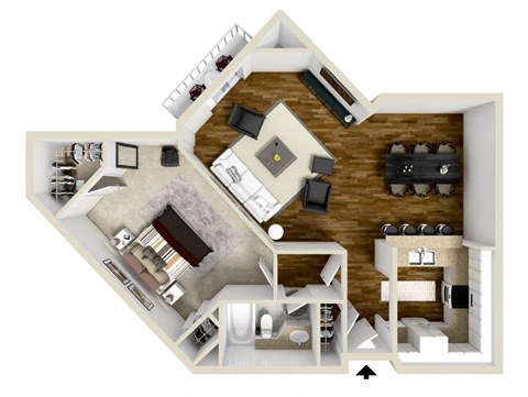 Floor plan for 1 bed, 1 bath, 896 sqft