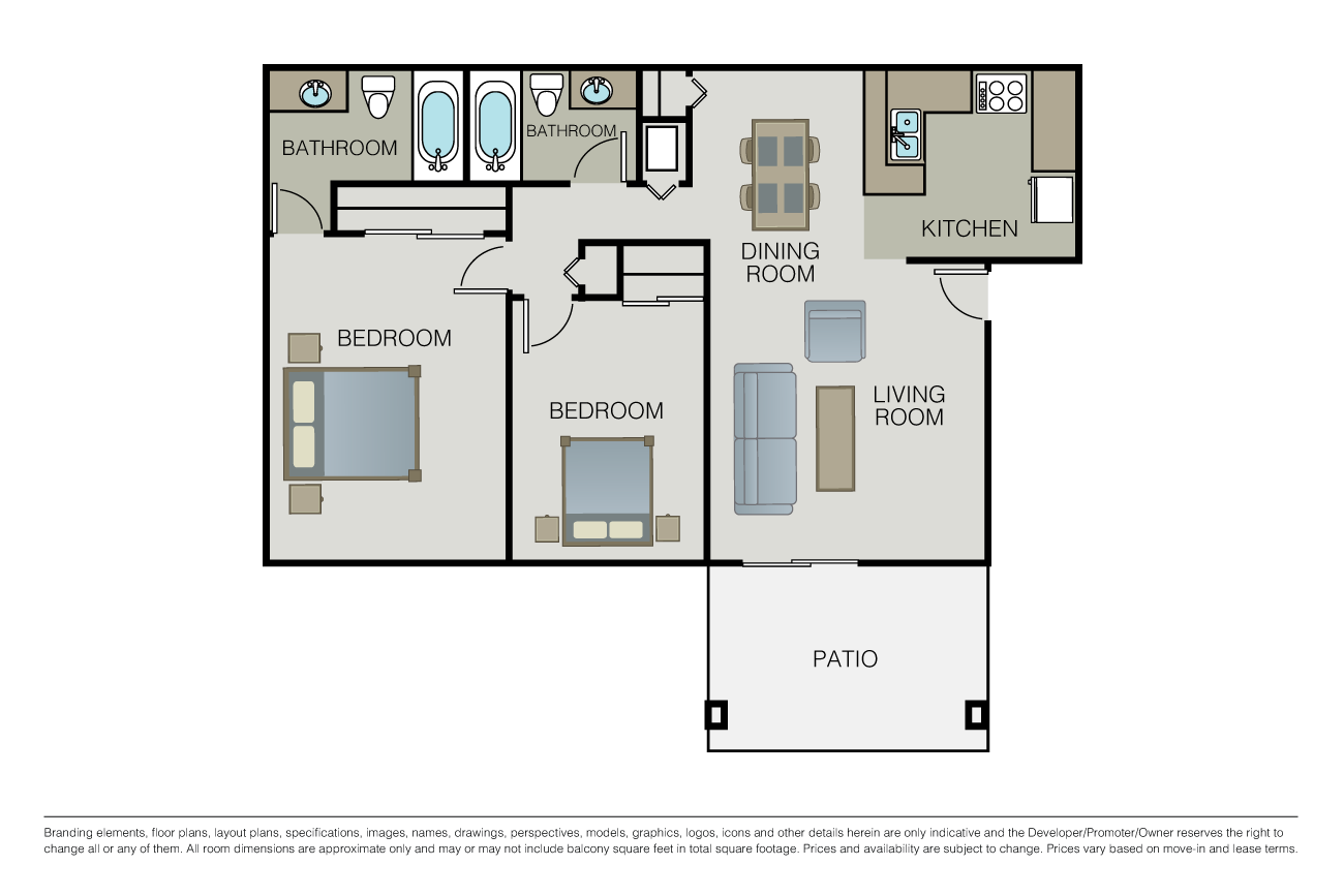 Floor plan for 2 beds, 2 baths, 978 sqft