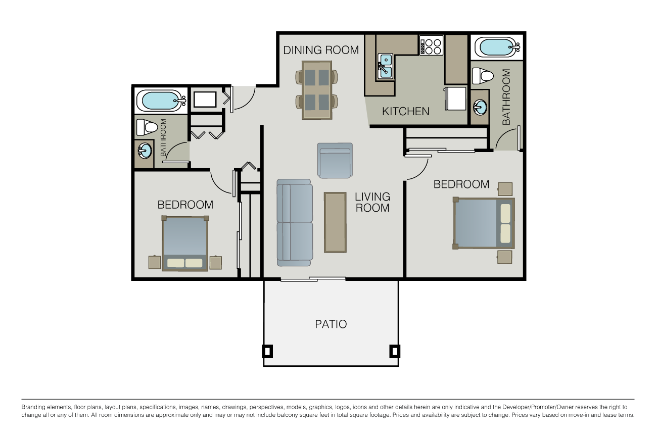Floor plan for 2 beds, 2 baths, 998 sqft