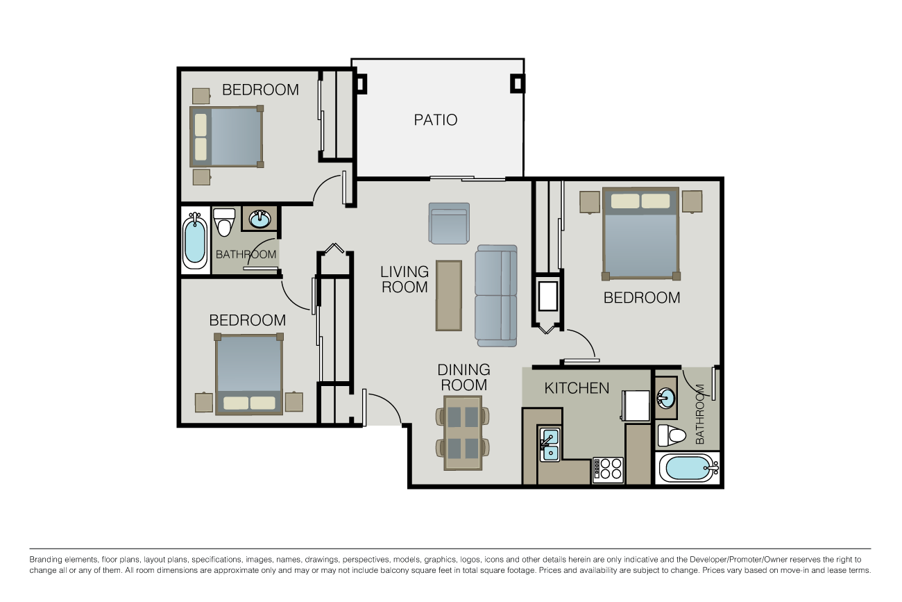Floor plan for 3 beds, 2 baths, 1056 sqft