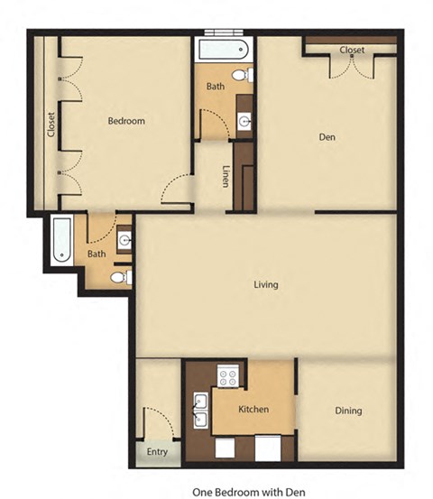 Floor plan for 1 bed, 2 baths, 900 sqft