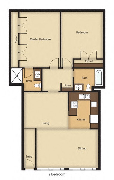 Floor plan for 2 beds, 2 baths, 1095 sqft