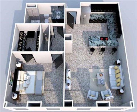 Floor plan for 1 bed, 1 bath, 860 sqft