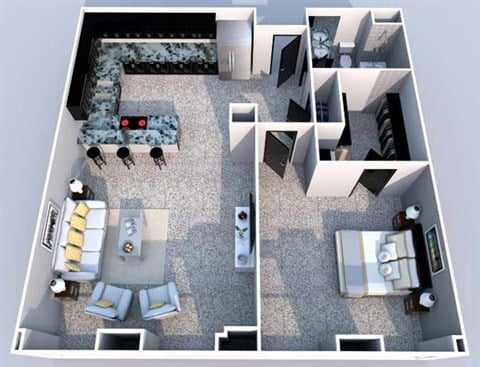 Floor plan for 1 bed, 1 bath, 880 sqft