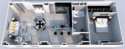 Floor plan for 1 bed, 1 bath, 897 sqft