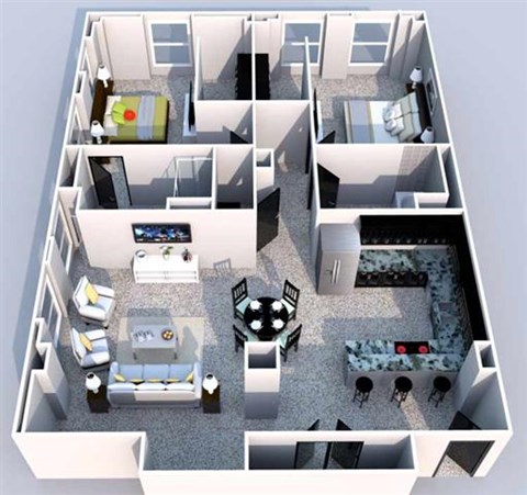 Floor plan for 2 beds, 2 baths, 1300 sqft