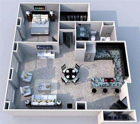 Floor plan for 1 bed, 1 bath, 860 sqft