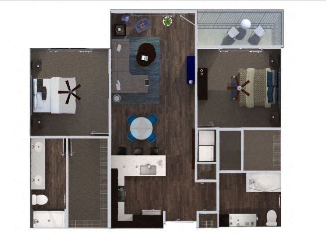 Floor plan for 2 beds, 2 baths, 1255 sqft