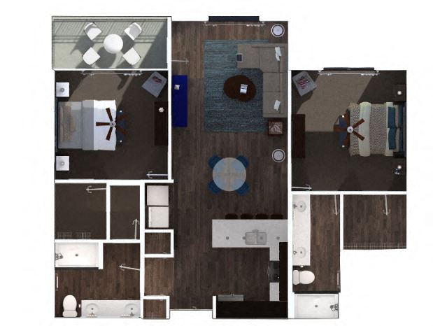 Floor plan for 2 beds, 2 baths, 1208 sqft