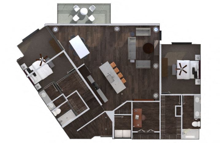 Floor plan for 2 beds, 2.5 baths, 1673 sqft