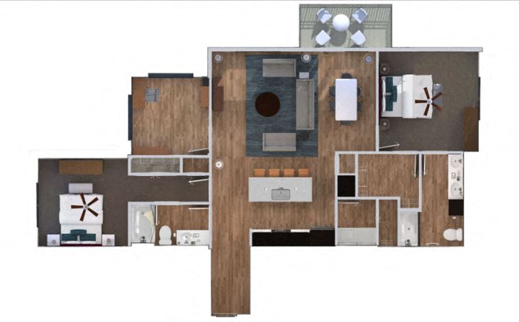 Floor plan for 2 beds, 2 baths, 1375 sqft