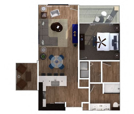 Floor plan for 1 bed, 1 bath, 874 sqft