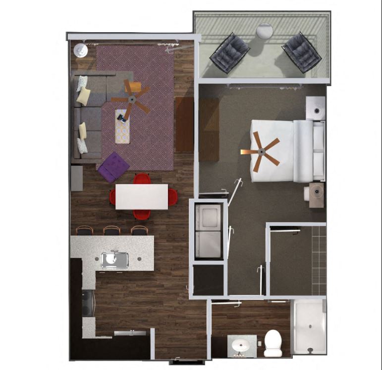 Floor plan for 1 bed, 1 bath, 668 sqft