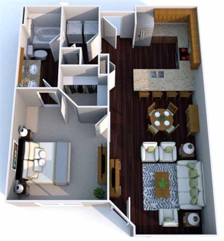 Floor plan for 1 bed, 1 bath, 776 sqft