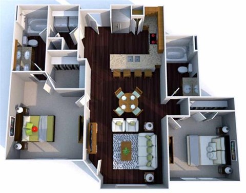 Floor plan for 2 beds, 2 baths, 1034 sqft
