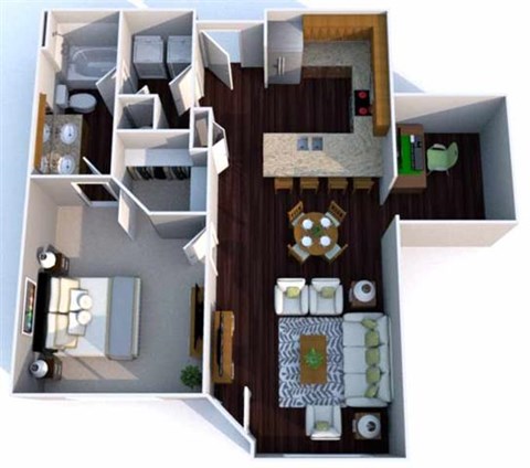 Floor plan for 1 bed, 1 bath, 843 sqft