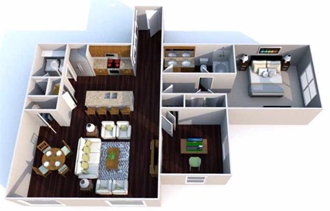 Floor plan for 1 bed, 1 bath, 1076 sqft