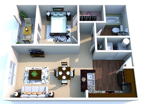 Floor plan for 1 bed, 1 bath, 615 sqft