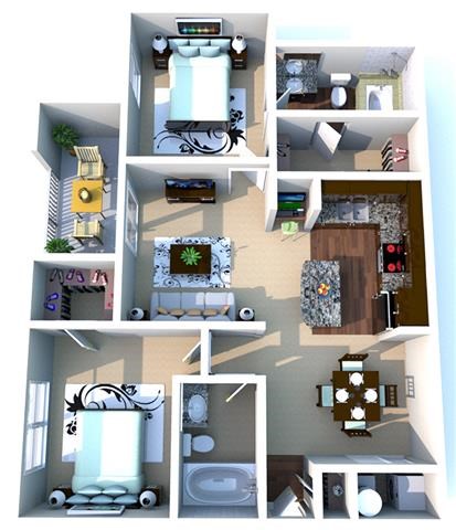 Floor plan for 2 beds, 2 baths, 1045 sqft
