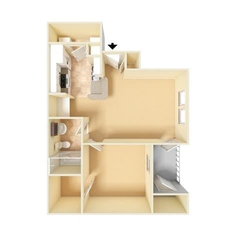 Floor plan for 1 bed, 1 bath, 597 sqft