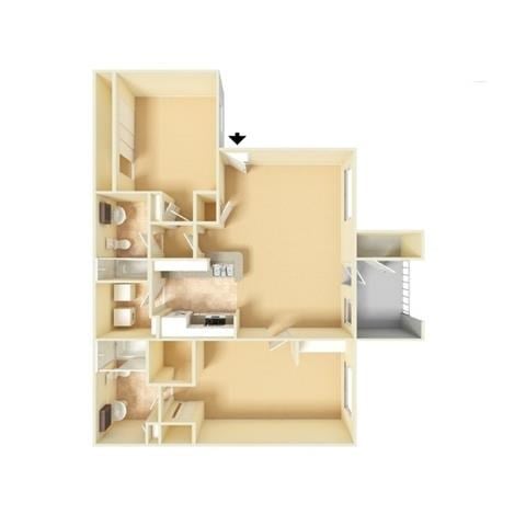 Floor plan for 2 beds, 2 baths, 1073 sqft