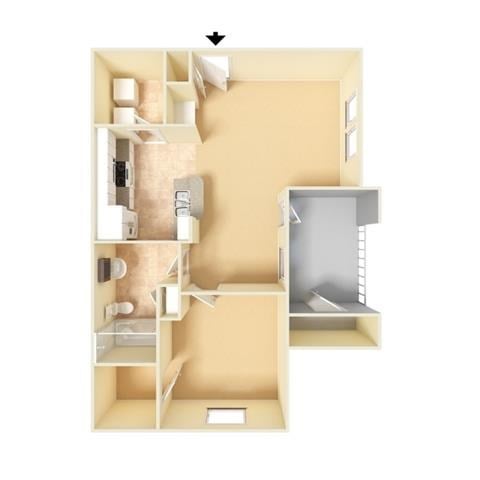 Floor plan for 1 bed, 1 bath, 700 sqft