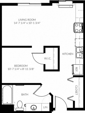 Floor plan for studio, 1 bath, 580 sqft
