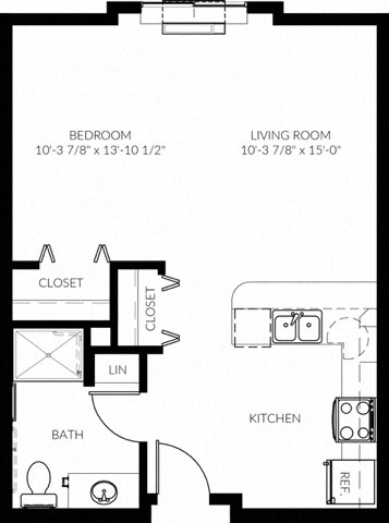 Floor plan for studio, 1 bath, 599 sqft