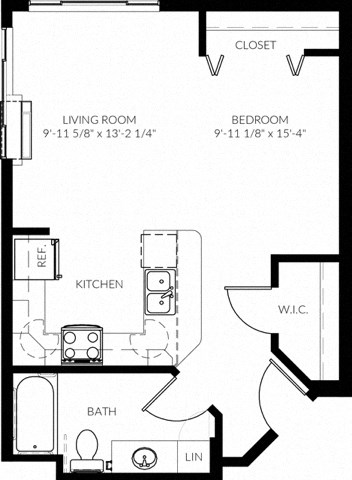 Floor plan for studio, 1 bath, 568 sqft