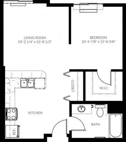 Floor plan for studio, 1 bath, 675 sqft