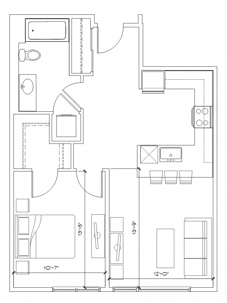 Floor plan for 1 bed, 1 bath, 724 sqft