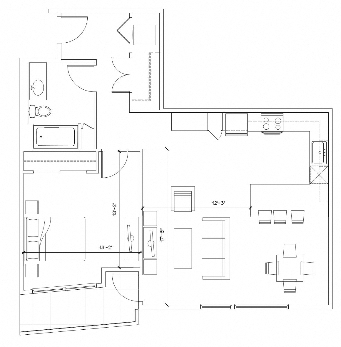 Floor plan for 1 bed, 1 bath, 913 sqft