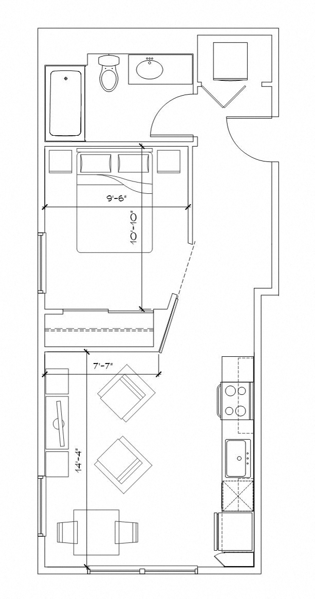 Floor plan for 1 bed, 1 bath, 543 sqft