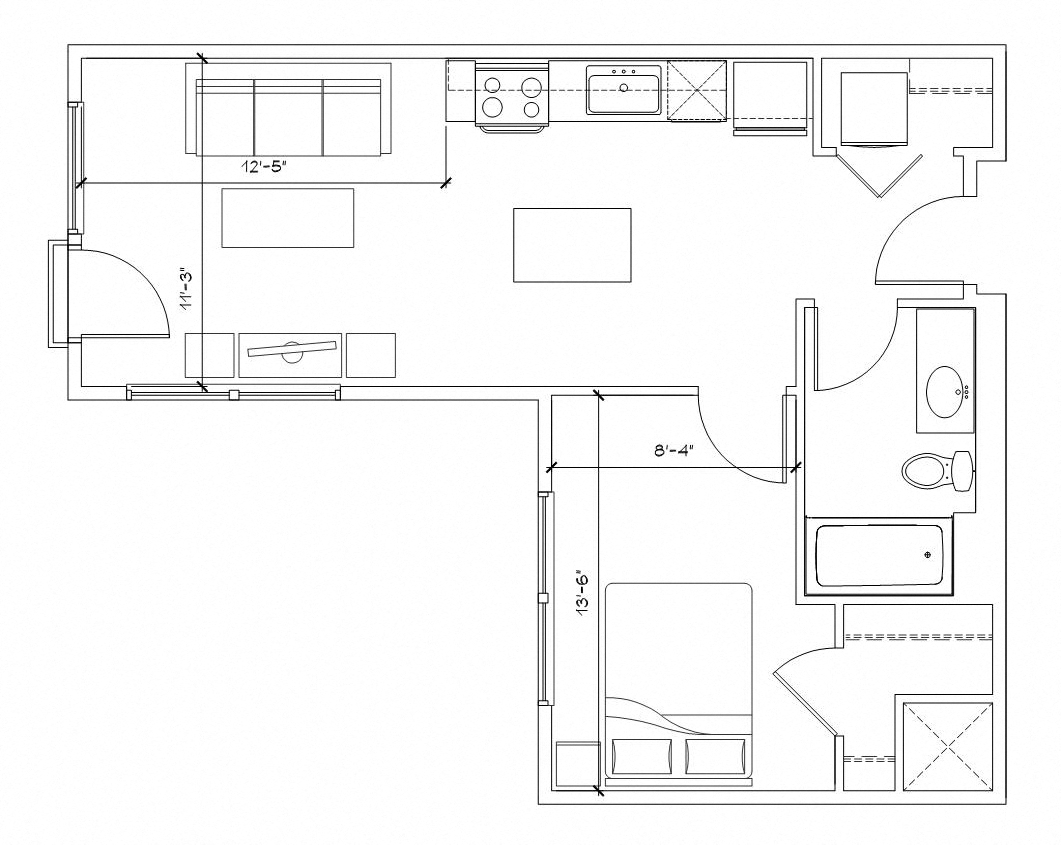 Floor plan for 1 bed, 1 bath, 590 sqft