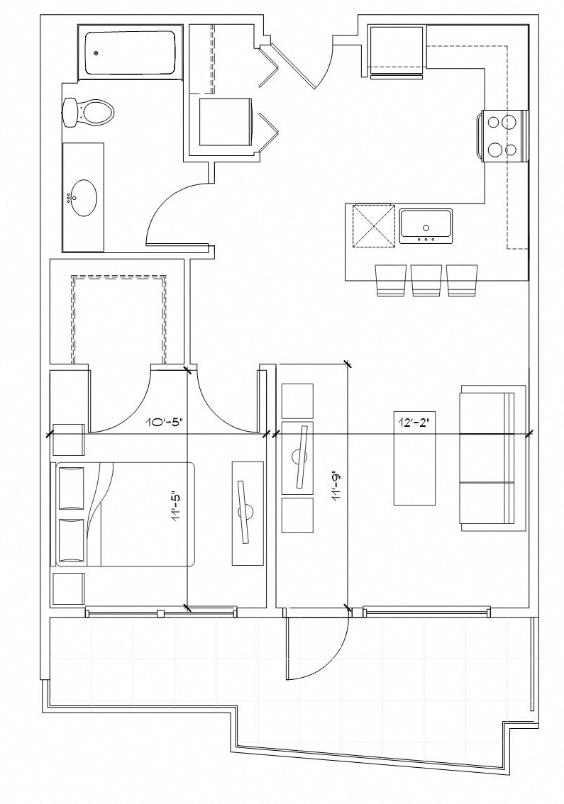 Floor plan for 1 bed, 1 bath, 678 sqft