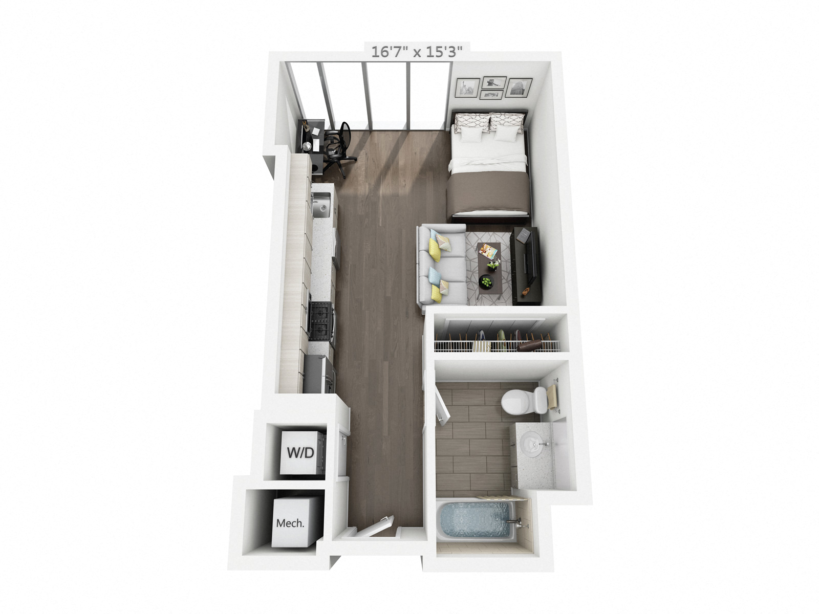 Floor plan for studio, 1 bath, 500 sqft