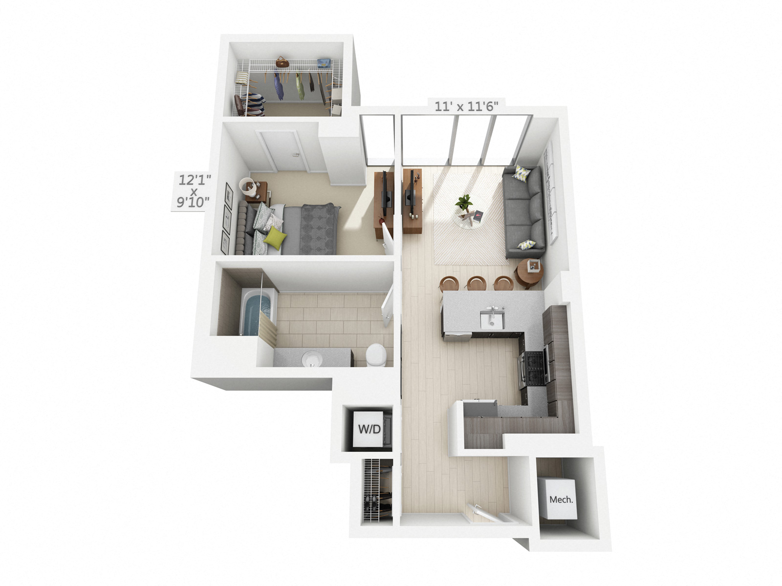 Floor plan for 1 bed, 1 bath, 650 sqft
