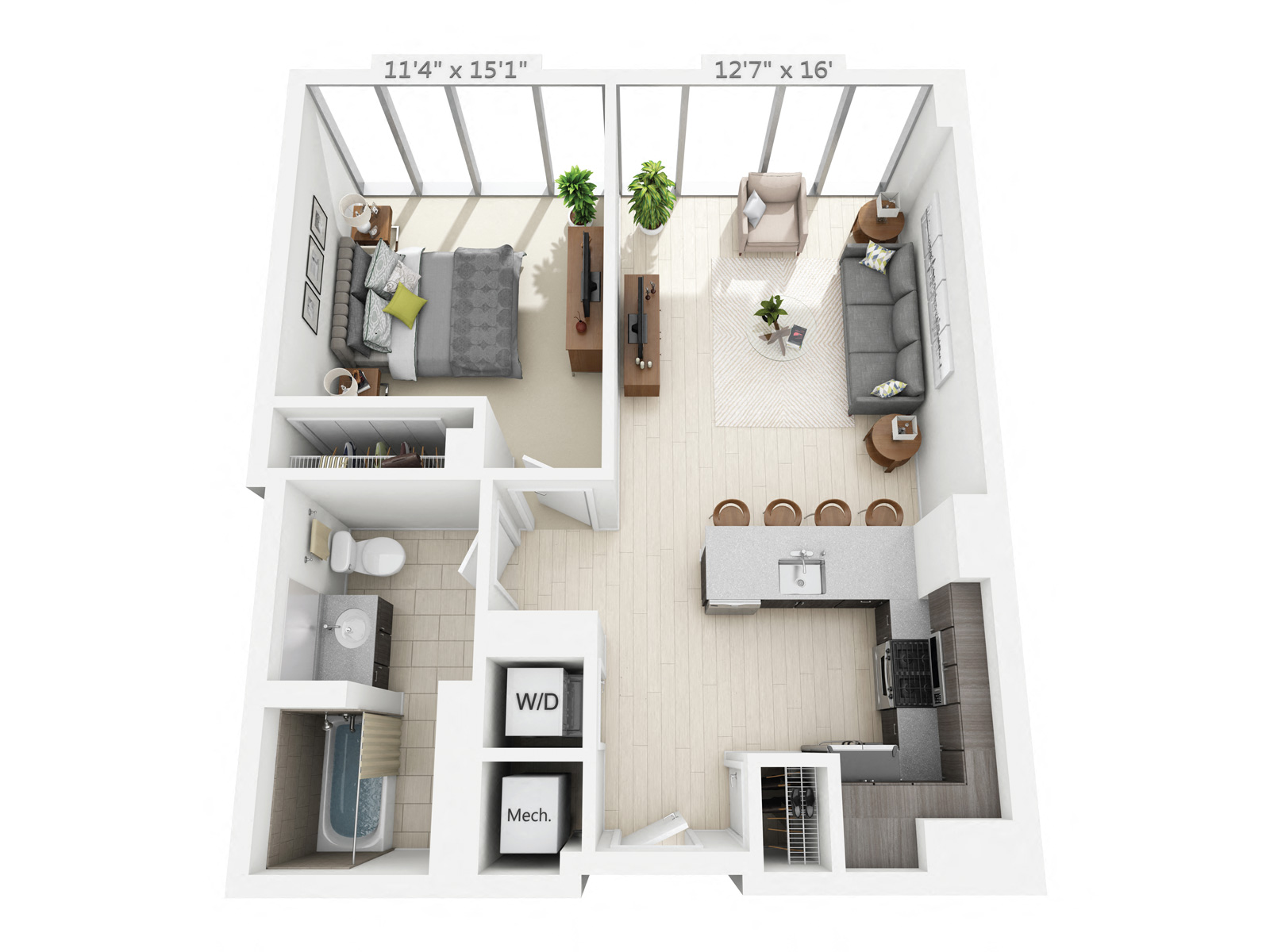 Floor plan for 1 bed, 1 bath, 746 sqft