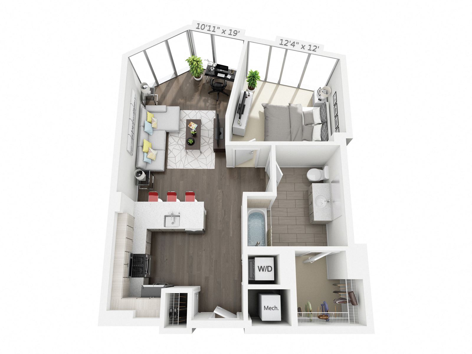 Floor plan for 1 bed, 1 bath, 803 sqft