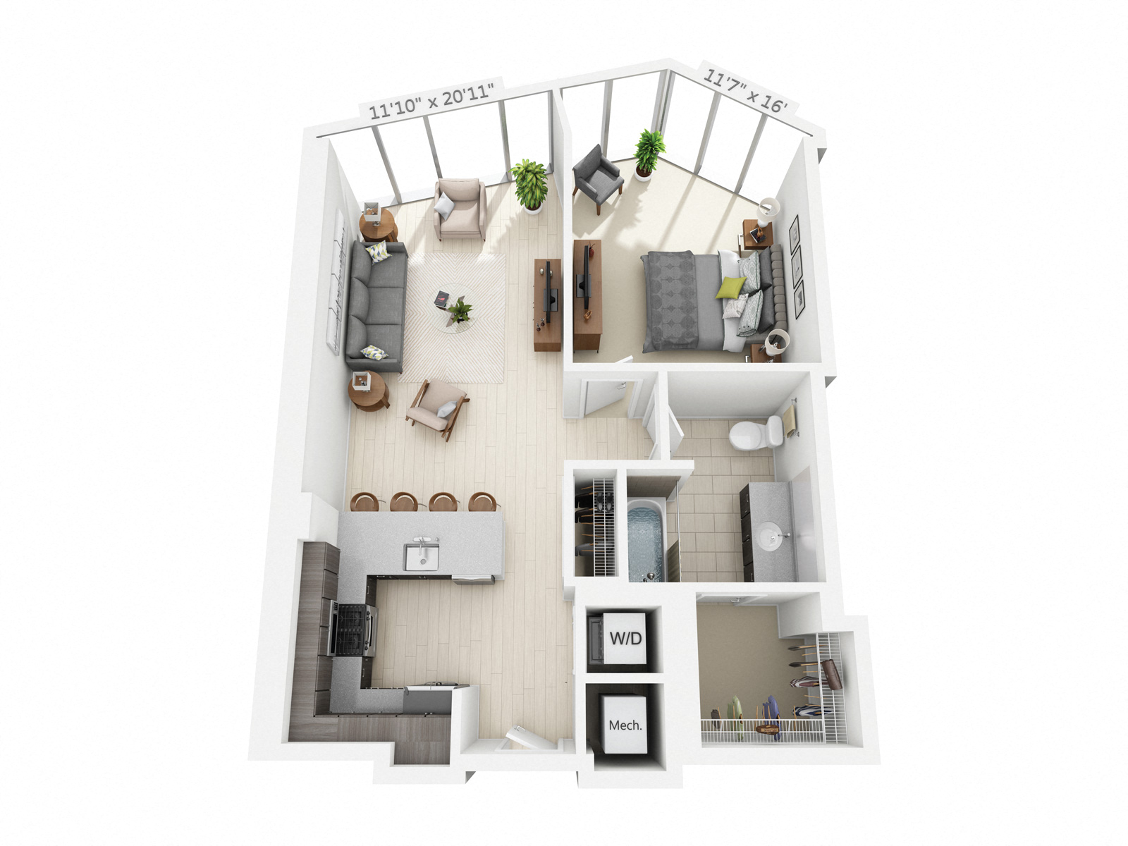 Floor plan for 1 bed, 1 bath, 853 sqft