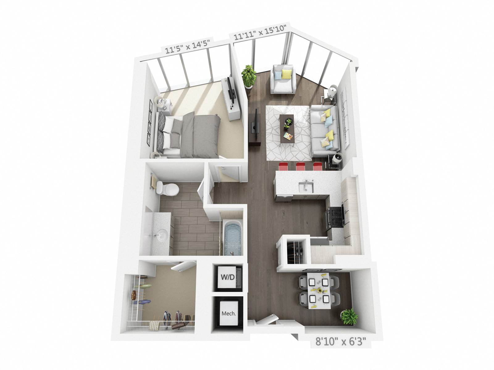 Floor plan for 1 bed, 1 bath, 853 sqft