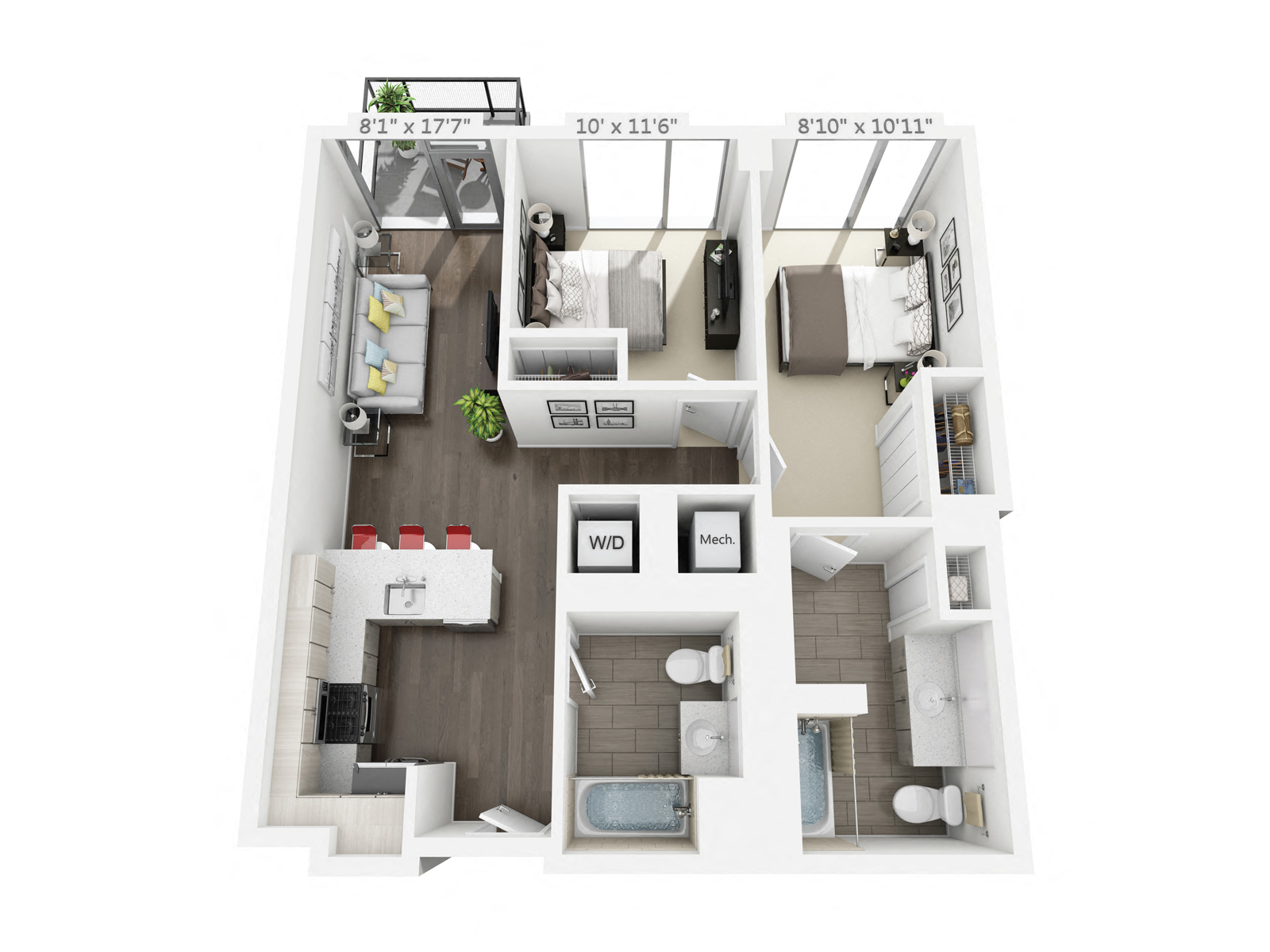 Floor plan for 2 beds, 2 baths, 912 sqft