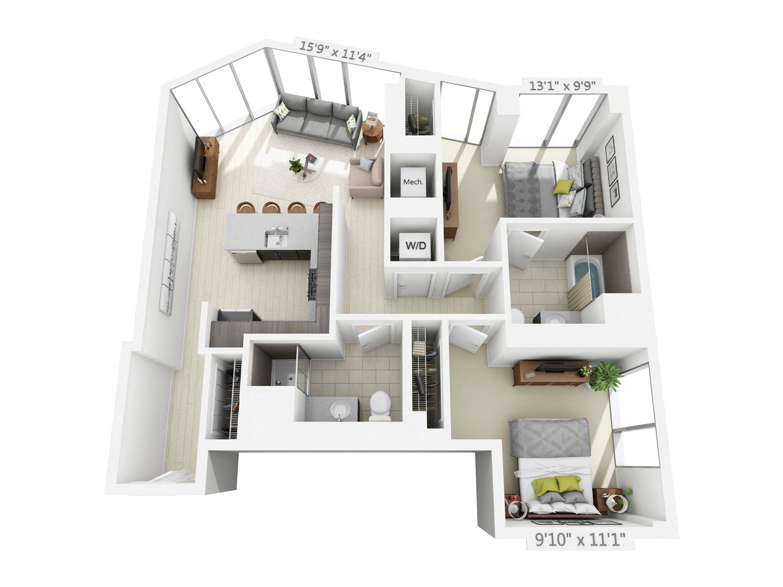 Floor plan for 2 beds, 2 baths, 1027 sqft