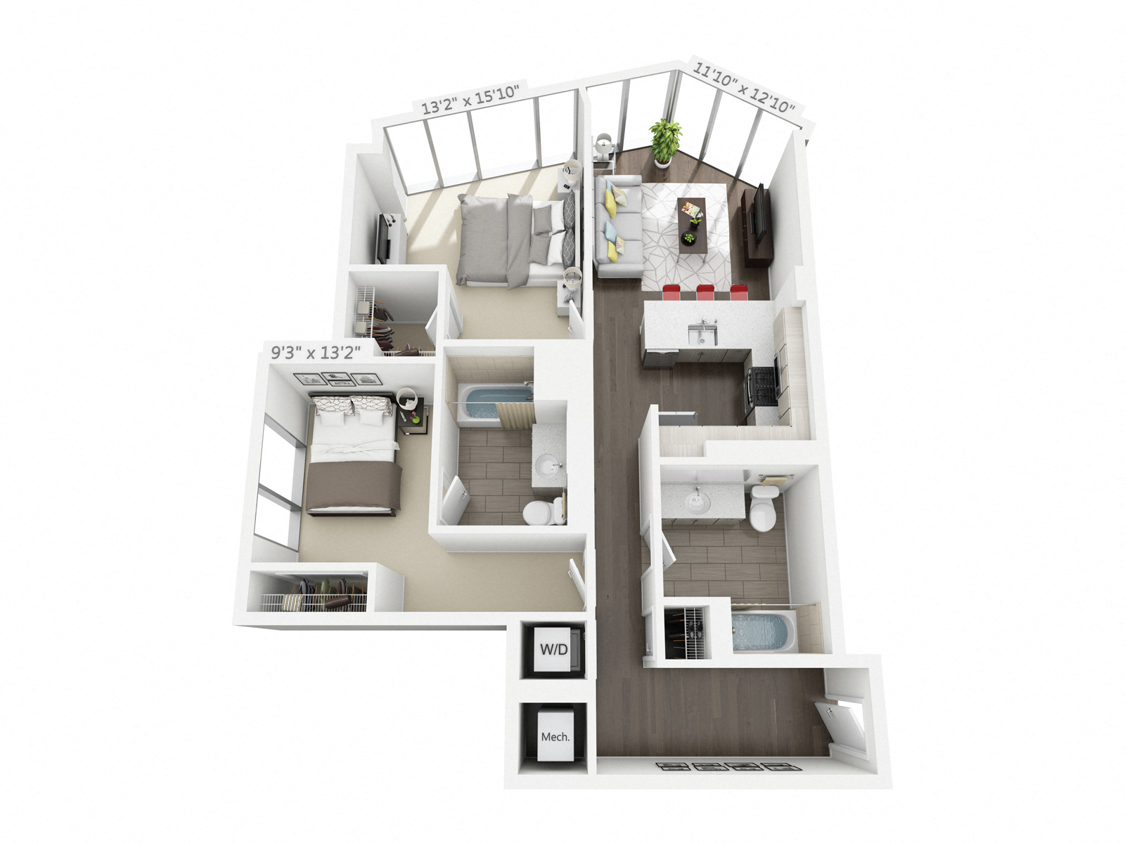 Floor plan for 2 beds, 2 baths, 1045 sqft