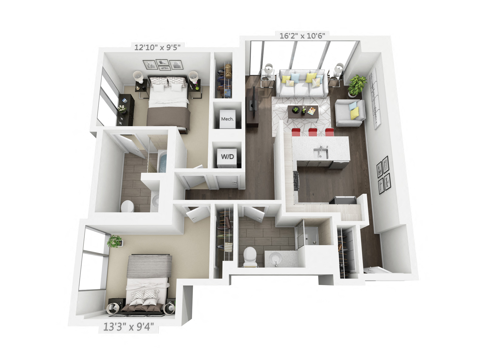 Floor plan for 2 beds, 2 baths, 1052 sqft
